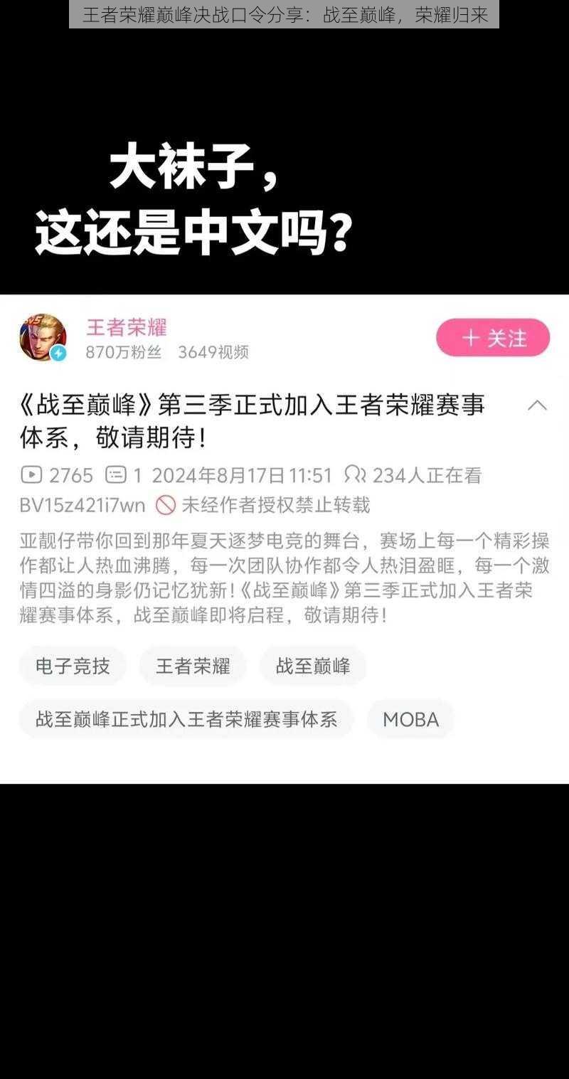 王者荣耀巅峰决战口令分享：战至巅峰，荣耀归来