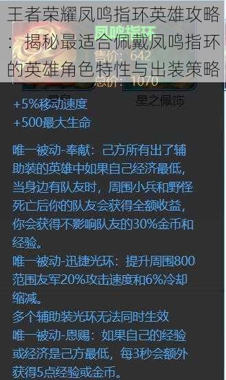 王者荣耀凤鸣指环英雄攻略：揭秘最适合佩戴凤鸣指环的英雄角色特性与出装策略