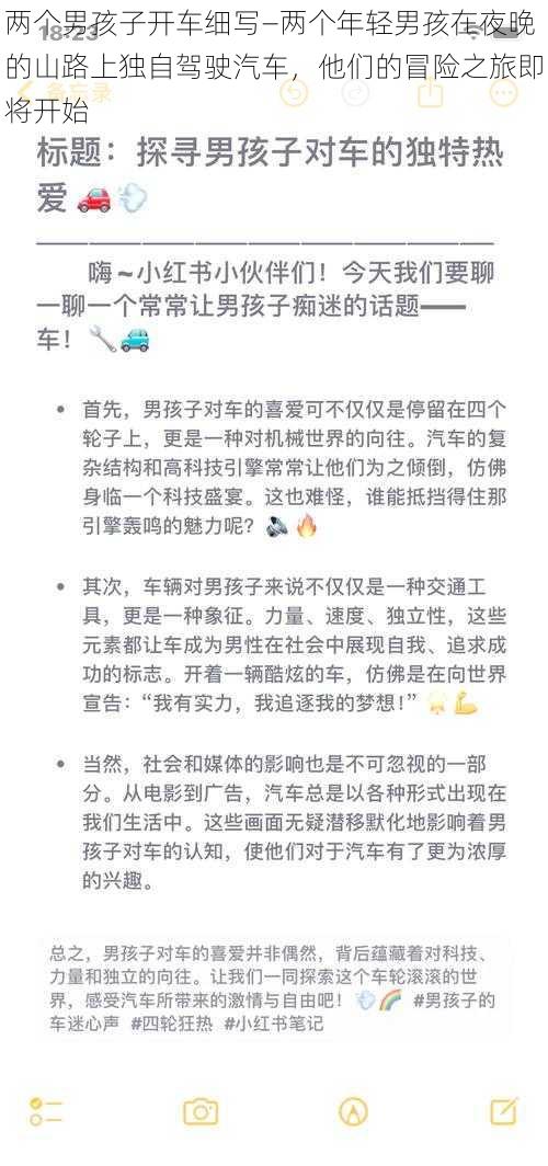 两个男孩子开车细写—两个年轻男孩在夜晚的山路上独自驾驶汽车，他们的冒险之旅即将开始