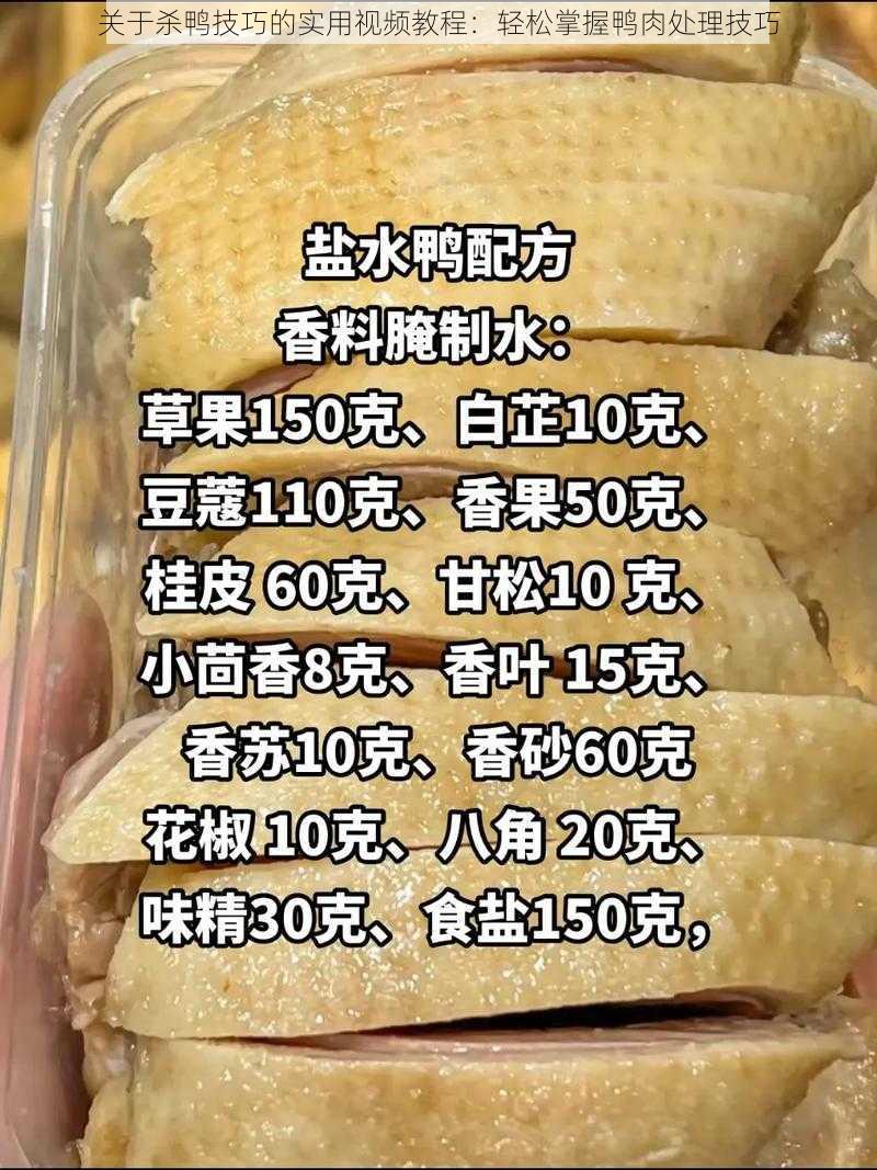 关于杀鸭技巧的实用视频教程：轻松掌握鸭肉处理技巧