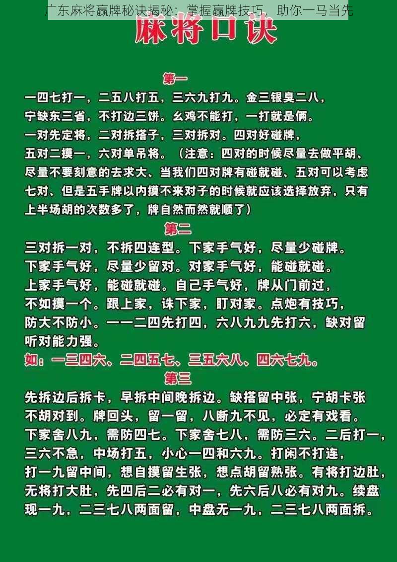 广东麻将赢牌秘诀揭秘：掌握赢牌技巧，助你一马当先