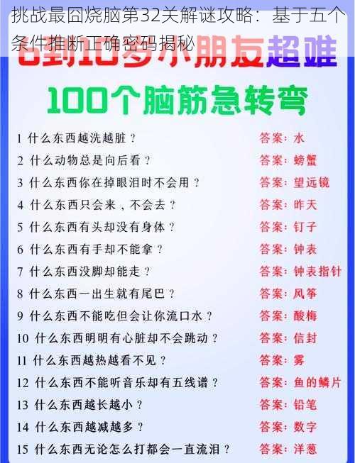 挑战最囧烧脑第32关解谜攻略：基于五个条件推断正确密码揭秘